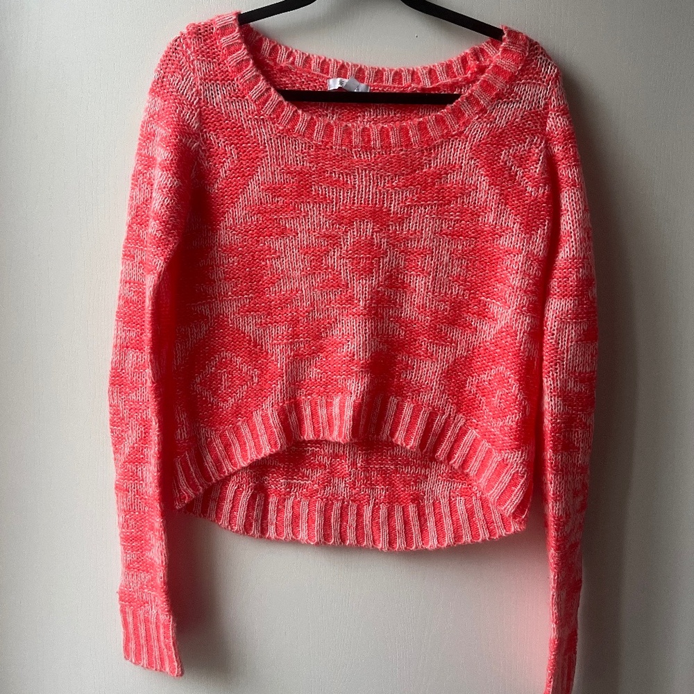 Neon Coral Aztec Patterned Knit Cropped Sweater, Delia's, size M
